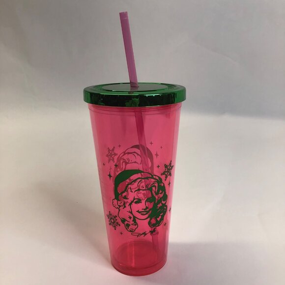 Dolly Parton Christmas 21.5 oz Pink Plastic Tumbler with Straw Green Lid New - Picture 1 of 16